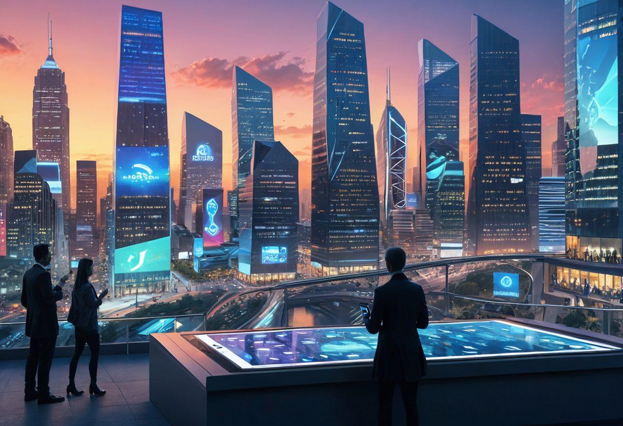A futuristic digital landscape representing seamless insurance services, with diverse people of various backgrounds happily interacting with technology, like tablets and smartphones. Illustrate symbolic elements of protection, such as shields and safety nets, interwoven with modern cityscapes. Highlight affordability through visual cues like coins or price tags. Bright, professional colors with a tech-inspired aesthetic. super-realistic. vibrant colors. 3D.