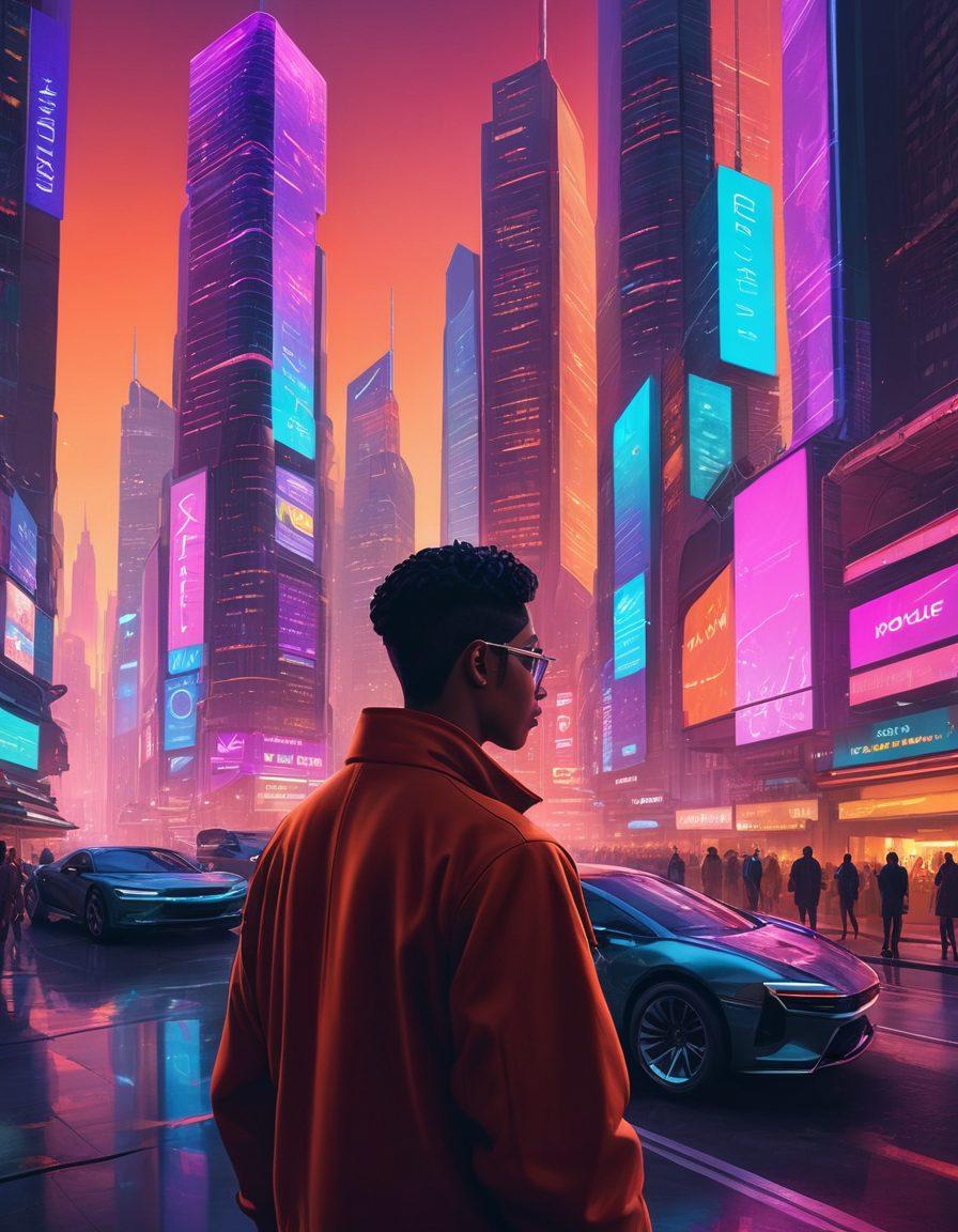 A futuristic cityscape with glowing digital interfaces showcasing various insurance options. Include diverse people exploring their coverage choices on holographic screens with a backdrop of skyscrapers and a vibrant sunset. Emphasize technology integration in daily life, symbolizing the evolution of insurance. super-realistic. vibrant colors. cyberpunk.
